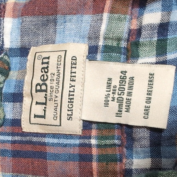 L.L. Bean Plaid 100% Linen Casual Button Down Size Medium in Blue / Adobe - Picture 3 of 7
